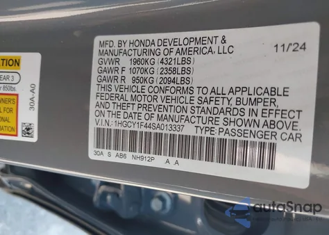 2025 Honda Accord Se from USA, damaged, VIN 1HGCY1F44SA013337